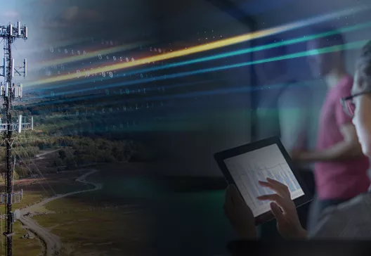 Photo montage of cell tower with multiple antennas and a woman looking at her tablet