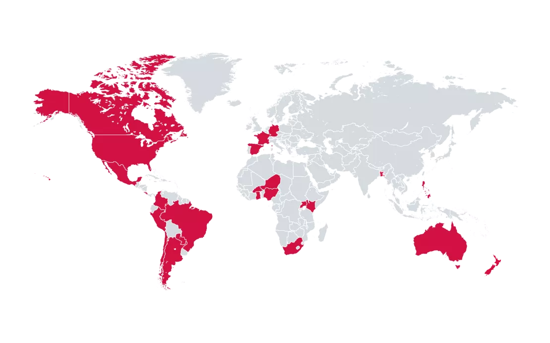 Grey world map with various counties in North America, South America, Africa, Europe, Australia  and Asia highlighted in red