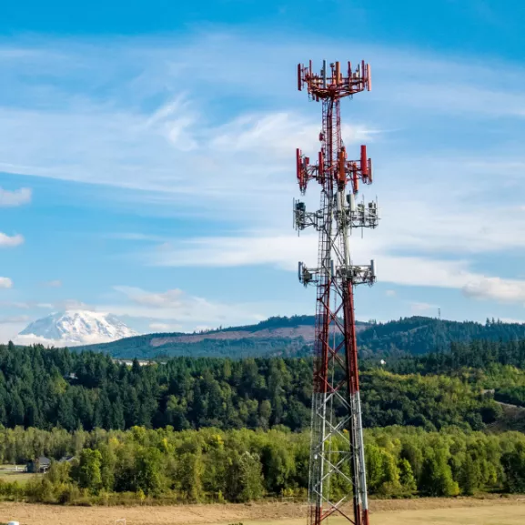 A cell phone tower with mountains in the background.