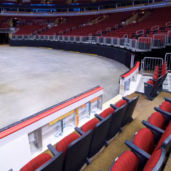 Stadium seats in an ice hockey arena.