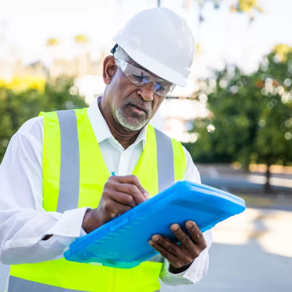 A man in a hard hat and safety vest writes on a blue clipboard outdoors.