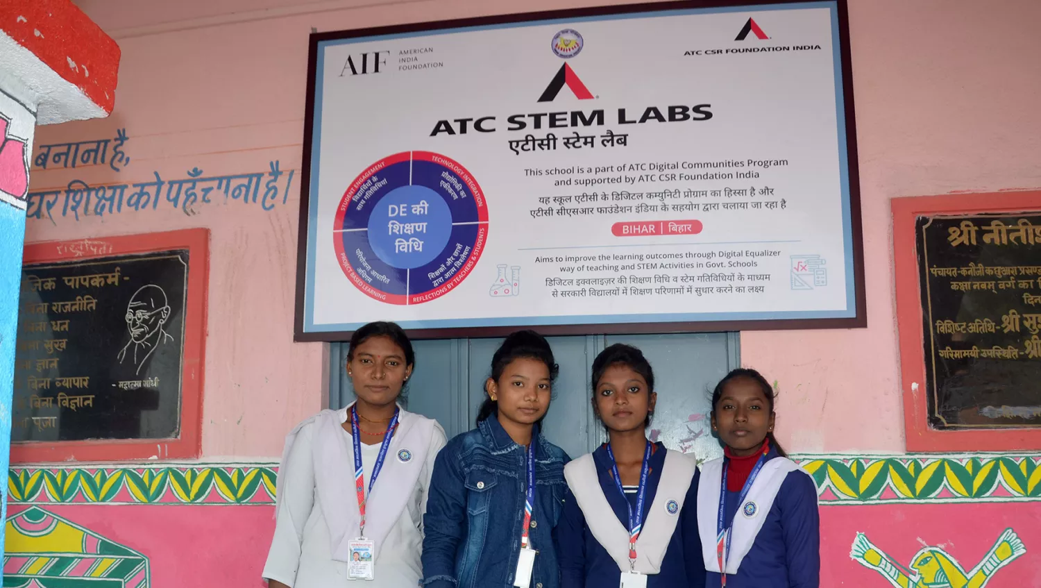 four girls standing under an atc stem labs banner.