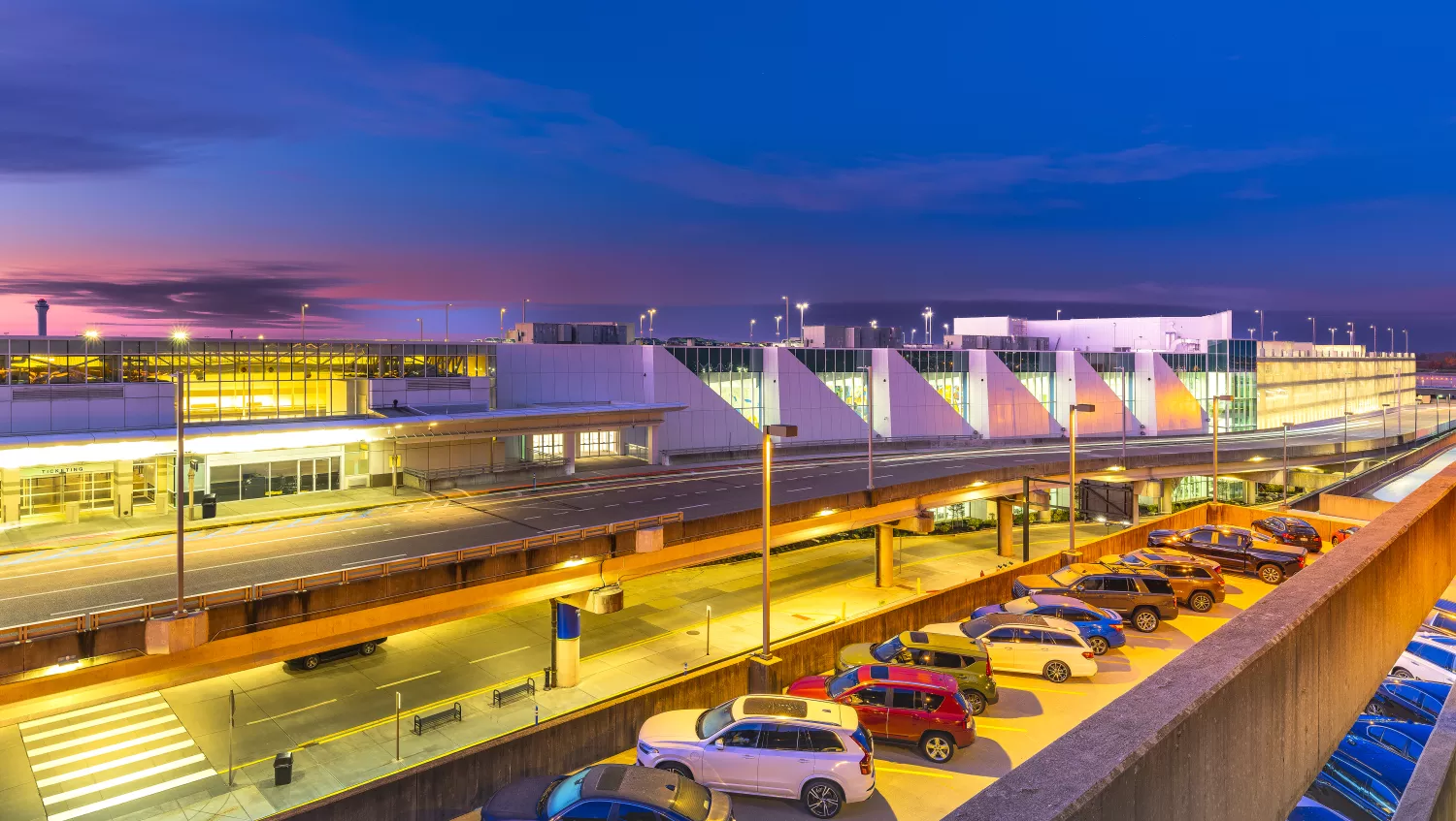 Outside of the CVG airport terminal at dusk 