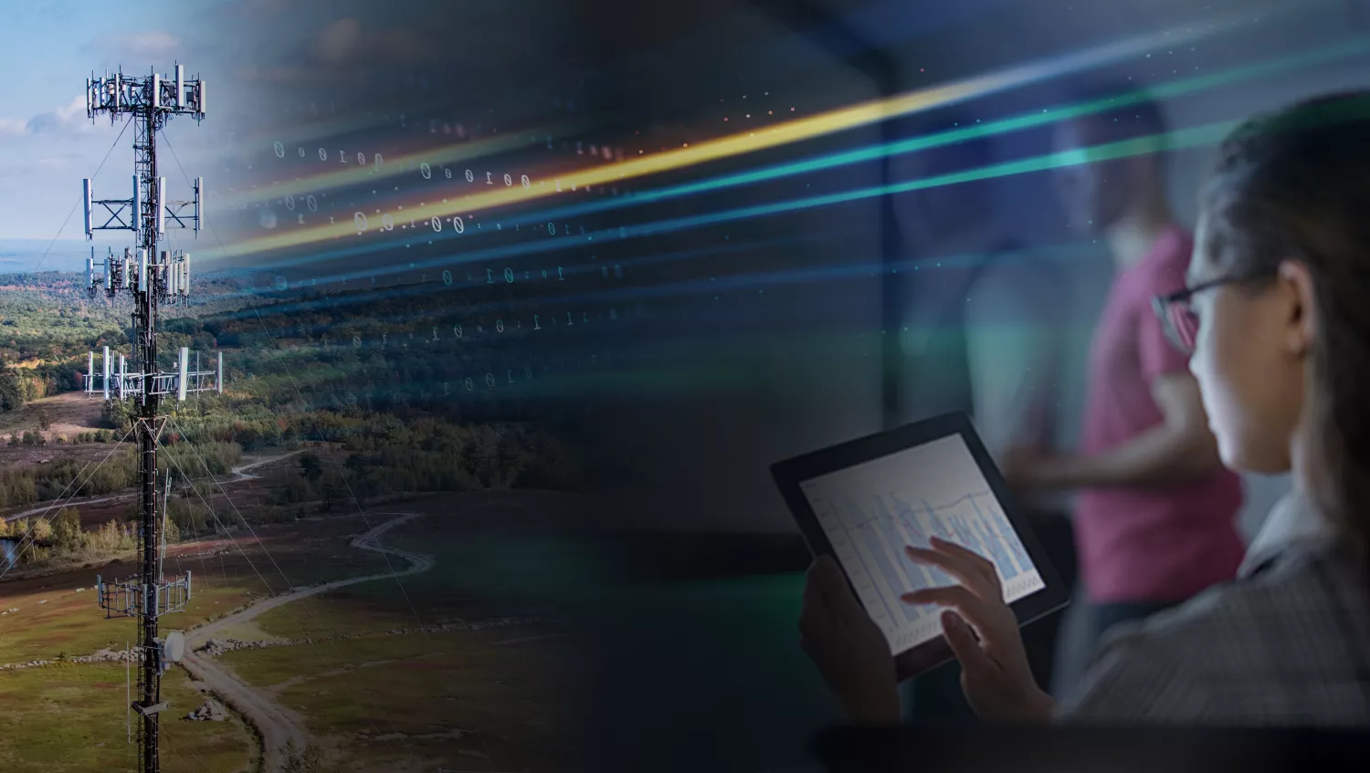 Photo montage of cell tower with multiple antennas and a woman looking at her tablet