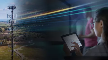 Photo montage of cell tower with multiple antennas and a woman looking at her tablet